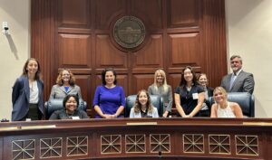 (L:R Judge Crouse, Asst. City Prosecutor Ferris, Kiana Turnbow, Judge Zayas, Nour Shalash, Judge Kinsley, Katie Wang, Judge Bock, Grace Santa and Assistant County Prosecutor Donovan)