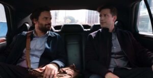 Jake Johnson and Andy Samberg in Hulu's 'Self Reliance.' (Courtesy)