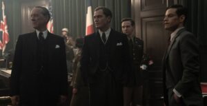 RICHARD E. GRANT as Sir David Maxwell-Fyfe, MICHAEL SHANNON as Robert H. Jackson, RAMI MALEK as Lt. Col. Douglas Kelley in ‘Nuremberg’ Image: Scott Garfield. Courtesy of Sony Pictures Classics